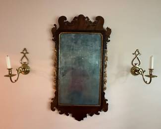 Antique chippendale mirror, brass wall sconces