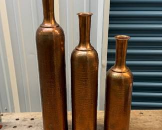 Set of 3 tall hammered copper vases from India