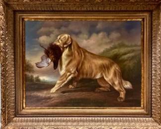 50" by 40" oil painting of golden retriever holding a game bird