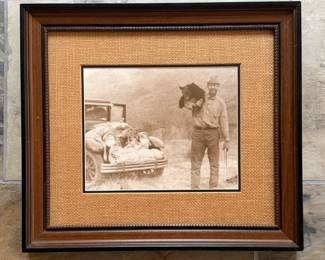 Vintage photo of bear hunter--double matted, woven mat, beaded edge wood--15"by 17"