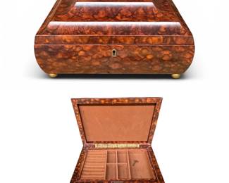 Faux burl bombe jewelry box unused with key