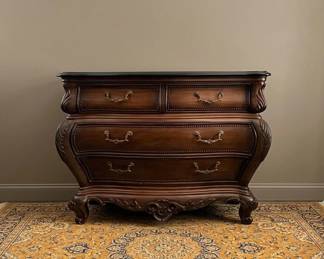 Pair of large bombe chests with marble tops (two available)