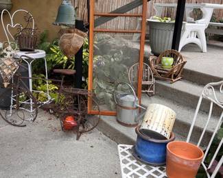 Iron garden chairs, vintage wood screen, 