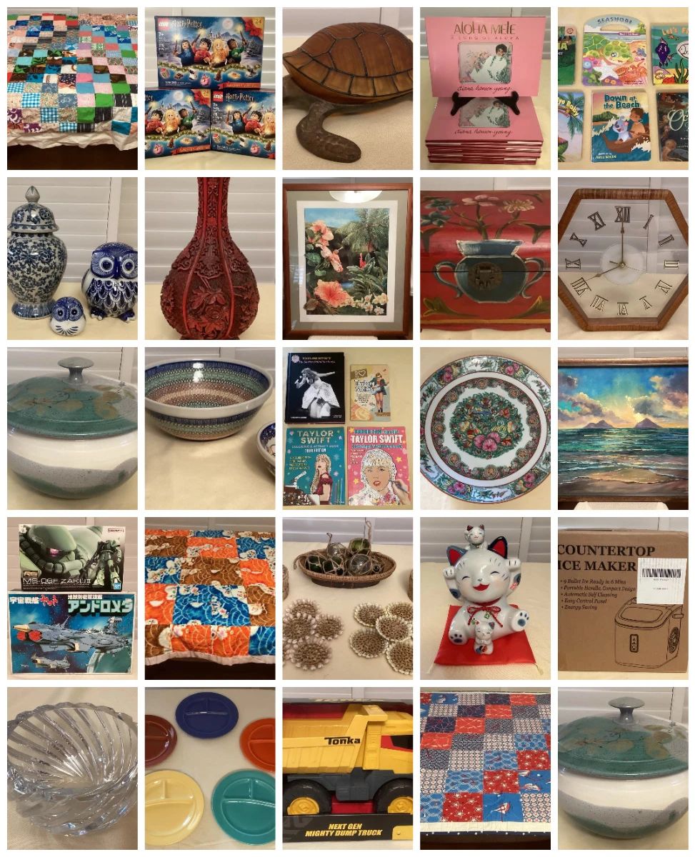 MAUKA CHRISTMAS IN JULY SALE CTBids Online Auction • Bidding Ends 07/29/26 • Pickup 07/31/26     It's Christmas in July! This auction features vintage quilts, vintage famille rose medallion porcelain dishware, books, beautiful sea shells, Japanese kokeshi dolls, collectibles, household goods, toys, vintage glass, Hawaiian children's books, comics, vintage glass, local collectible cookbooks, vintage aloha shirts, art, educational activity boxes and so much more! Happy bidding! 