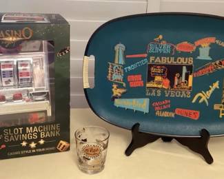MCJ129 Las Vegas Tray, Shot Glass & Toy Slot Machine