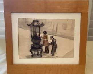MCJ098 Framed Asian Themed Original Watercolor Painting By Fox #2