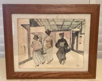 MCJ097 Framed Asian Themed Original Watercolor Painting By Fox #1