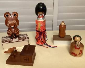 MCJ011 Japanese Wooden Kokeshi Dolls, Toothpick Holders & Carved Bear