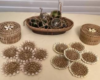 MCJ015 Curio Glass Floats, Two Sets Of Shell Coasters & Basket