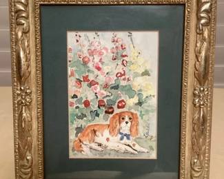 MCJ105 Framed Original Watercolor Painting Of A Dog In A Flower Garden