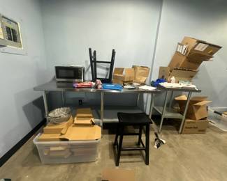 Stainless steel serving tables, stools & microwave