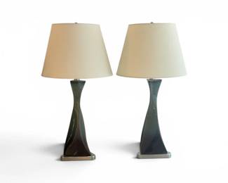 130 PairofContemporaryCeramicTableLampswTaperedLinenShades