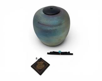 81 SignedRakuPotteryLiddedVesselwIridescentGlaze