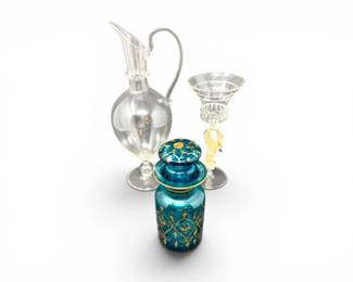 233 ThreeDecorativeArtGlassPiecesEwerSeahorseStemVaseBottle