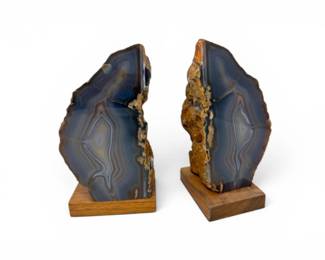 51 PairofAgateBookendsonWoodBasesPolishedNaturalStone