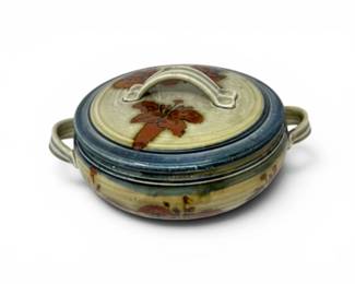 36 SignedStudioPotteryCoveredCasseroleDishwFloralDesign