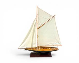 79 LargeWoodenSailingYachtModelwClothSailsDisplayStand