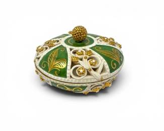 227 ReticulatedPorcelainCoveredBowlwGreenGoldDecorItaly