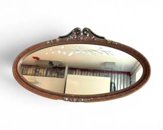 208 AntiqueNarcissusOvalEtchedGlassWallMirrorCarvedWoodFrame