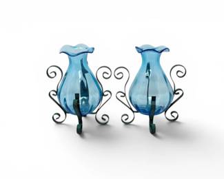 177 FentonStyleBlueMelonRuffledArtGlassVaseswIronStands