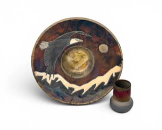 61 RakuPotteryBowlSignedVaseSetwCraneMotifMetallicGlaze