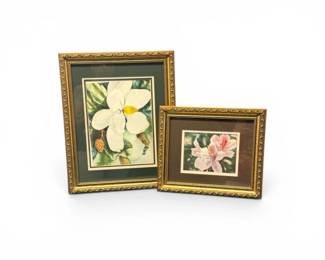 201 SignedMagnoliaLilyFloralPrintsinOrnateGoldFrames