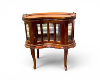 173 WoodCurioCabinetSideTablewKidneyShapedTrayBeveledGlass