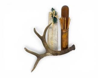 88 RusticFireplaceDcorSetwDeerAntlerMatchHolderBirchCandle