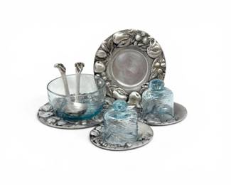 220 VintageMexicanCastAluminumHandBlownGlassCondimentSet9Pc