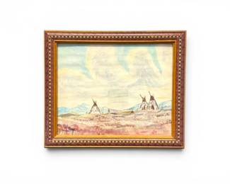 178 SignedWatercolorLandscapewTeepeesinWoodFrame