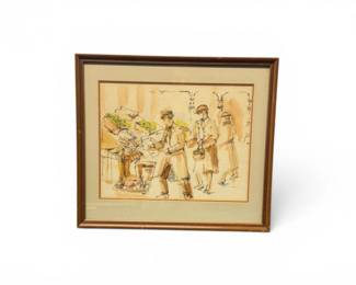 183 FramedMarketSceneInkWatercolorSketchUnsigned