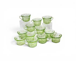 191 12GreenDepressionStyleGlassHandledCups