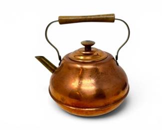 139 VintageCopperTeaKettlewBrassSpoutWoodHandle