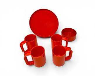 63 VintageOrangePlasticCampingPicnicSetMugsBowlTray