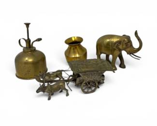 229 FourVintageBrassDecorativePiecesElephantCartOilCanVase