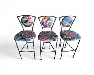 19 Setof3MetalCounterStoolswColorfulAbstractUpholsteredSeats