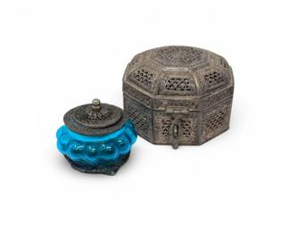 222 VintagePiercedMetalBetelBoxBlueGlassLiddedJar