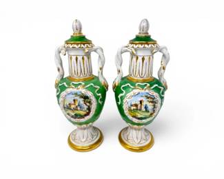 196 PairHandPaintedPorcelainUrnswLandscapeScenesLids