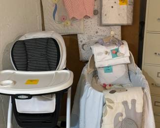 High Chair, Bassinet, Quilts