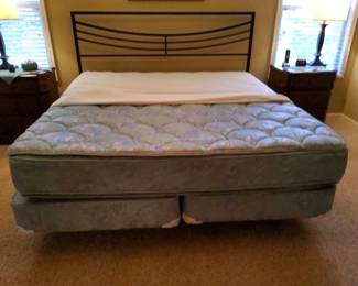 PRESALE - $100 KING METAL HEADBOARD, $200 SEALY KING MATTRESS AND BOX SPRINGS(mattress cover surrounds the entire mattress front and back. Pulled up 1/2 way to see mattress.