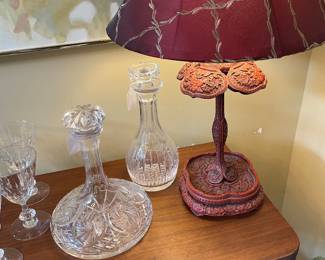 Cinnabar oriental lamp with cut glass decanters 