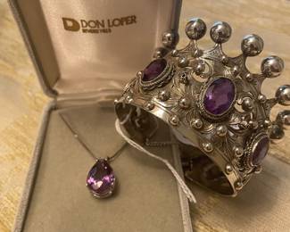 Ugo Bellini for Peruzzi Florence Italy 800 diver and amythest crown cuff bracelet and sterling and amythest pendant necklace 