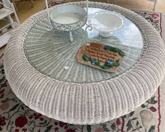 Mid century modern wicker coffee table with glass top 