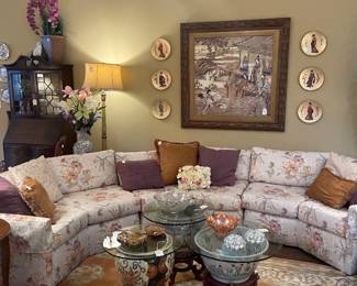 View of living room with mid century boomerang sectional sofa