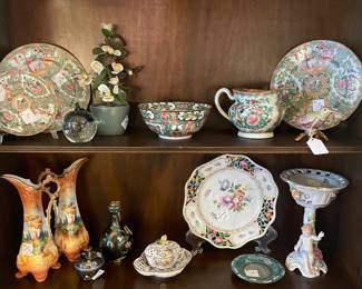Cabinet of secretary filled with “ Rose Medallion “ , cloisonné, Dresden, and other trinkets 