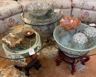 Collection of oriental fish bowls and oriental bowl with stands and glass tops. Wonderful coffee table idea
