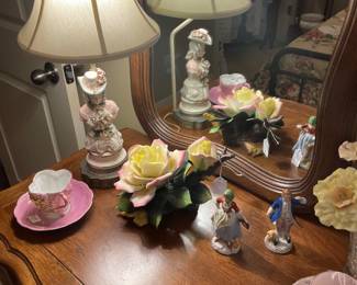 Cordy china lamp with Lefton China rose and occupied Japan and cup and saucers