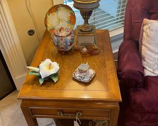 Second Drexel mid century oriental Burl end table and mid century lamp