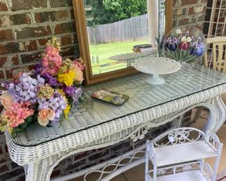 Wicker sofa table with glass top 
