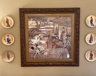 Large oriental print with gold leaf oriental plates